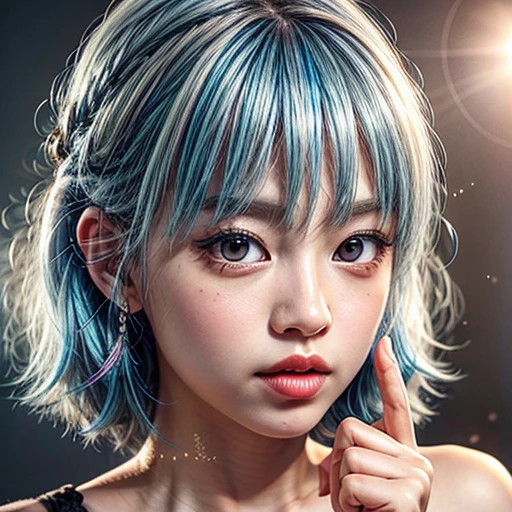 (highest quality,Super detailed,Physically Based Rendering:1.2), (RAW, Realistic, Photorealistic:1.37), (Acutance:0.85),Portraiture,Beautiful young woman with Delicate facial features,Soft lighting, ((Playfully licking finger with tongue, Gently placing a finger in the mouth)), (Close-up shot of sensual lips),Cheeks turn slightly red,A gentle and captivating gaze, cute BabyLike finger . Studio gray background, Light Particles, many blurred colorful Lights (dazzling bokeH) . BREAK . (((NOGIZAKA face variations))) Extremely Detailed very KAWAII face variations, elaborate detailed Eyes with (sparkling highlights:1.2), (Voluminous long eyelashes:0.9)、Glossy RED Lips with beautiful details, Coquettish tongue, Rosy cheeks, Radiant PearlSkin with clear transparency, (Natural:0.7) Detailed FlawlessSkin with glowing DowneyHair . { (Dynamic LifeLike expressions:1.4) | :d) }, (large eyes:-1) . mouth_hold, { PureWhitehair | PinkHair | BlueHair | RedHair }, (solid hair color) ,