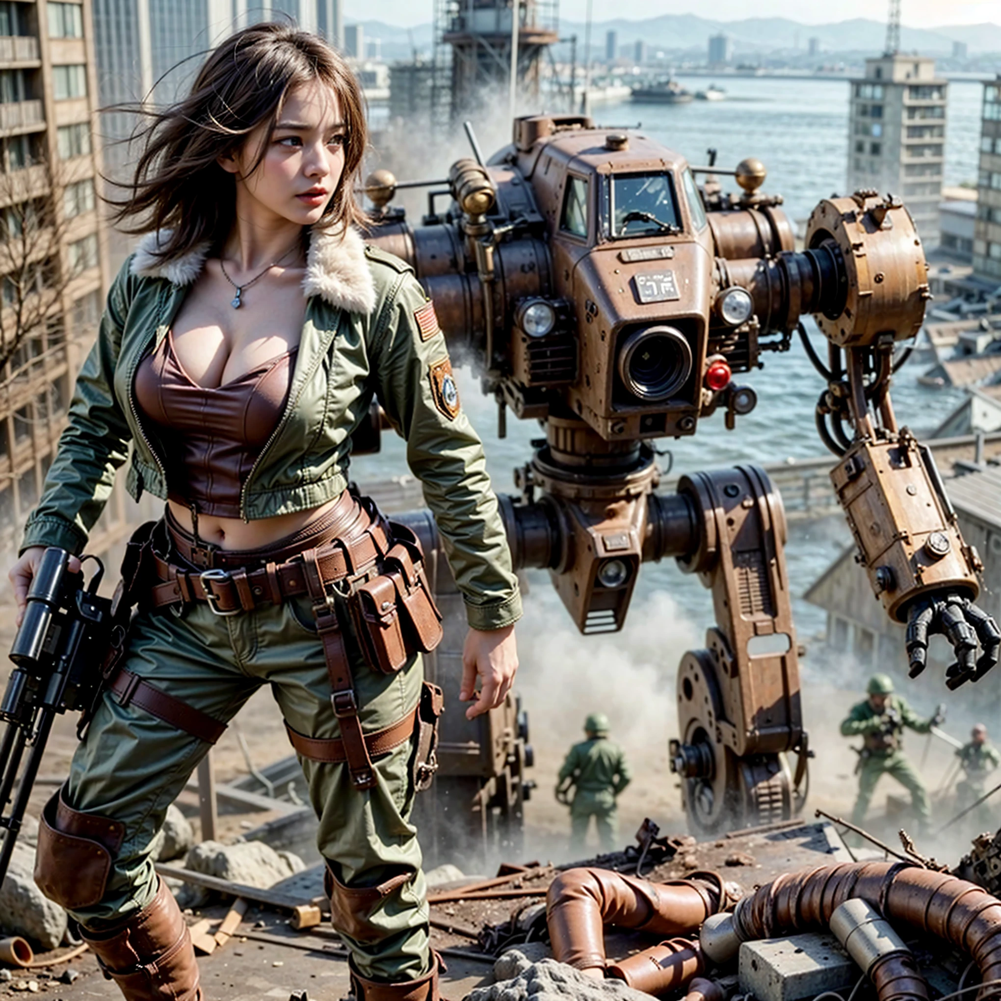 superrealism, ultra high res,8k,(Photorealsitic:1.4), (1950s-like mechanical suit:1.2), Collapsed Cities, heavy weapons,vivid textures,animal legs, gradation hair, Russian female soldier,(ultra beautiful face),((super realistic all textures)), ((super intricate all details)), full body shot, ultra sharp photo result, Olive Drab color, scratch, Rust, weathering, steampunk, taken with Fuji film X-T30+Nokton. HDR10,Minimum of 4 pieces created