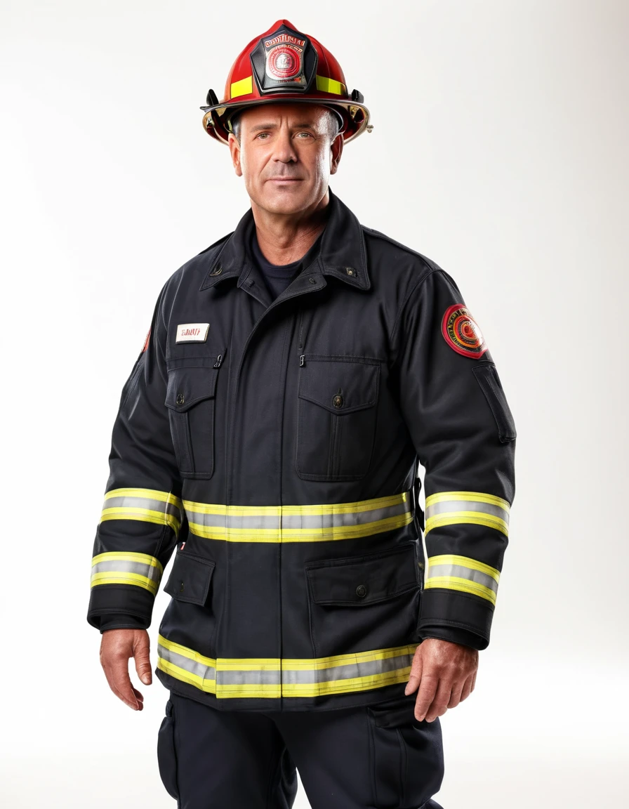 1 middle-aged man, firefighter, front view, full body, white background, studio lighting, (best quality,4k,8k,highres,masterpiece:1.2),ultra-detailed,(realistic,photorealistic,photo-realistic:1.37),detailed facial features, detailed hands and uniform, dramatic lighting, cinematic composition, confident expression