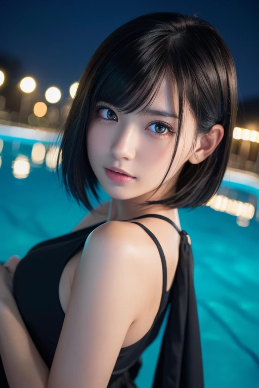 (High resolution:1.3), (16k, Realistic, RAW Photos, Best image quality: 1.4), Japanese, (One Girl), Beautiful Face, (Lively Faces), (Black-haired、short hair:1.3), Beautiful Hairstyles, Realistic eyes, Beautiful and detailed eyes, (Realistic Skin), Beautiful skins, Charm, 超A high resolution, Surreal, High detail, Golden Ratio, Highly detailed cute girl,(20-year-old),  (Night Pool, Night Sky), (Night Vision)