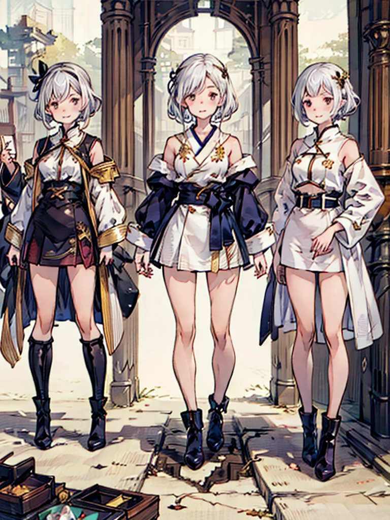 (((1girl)))、Star Fairy、vtuber-halfbody、(((highest quality、Masterpiece、The best composition、Golden Ratio、Official Art、Super detailed、Super detailedな目)))、ultra detailed, from front, headshot、 blue and white hair color、Short bangs above eyebrows、Short Hair、Standing in front of the viewer、Duffle coat、Sheepskin Long Boots、Pure white simple background、
