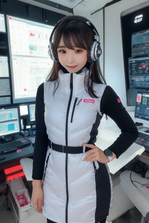 masterpiece, highest quality, Very detailed, 8K Portrait,Japanese Android Girl,plump , Control panel,Robotic arms and legs, Blunt bangs,,break (Metallic Gray, Metallic luster, Mirror finish, Astro Best):5,headphone:5,break (Black sleeves):100,Smart Watches,Futuristic space station,Control Room,break headphone,blue eyes,(Black Hair):2,(Long Hair):1.3,View the viewer,(respirator),break blush:3,Hidden Hand,smile