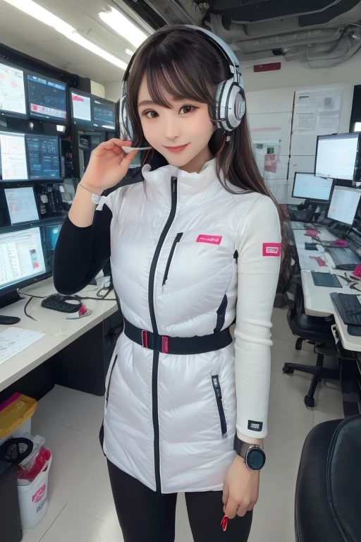 masterpiece, highest quality, Very detailed, 8K Portrait,Japanese Android Girl,plump , Control panel,Robotic arms and legs, Blunt bangs,,break (Metallic Gray, Metallic luster, Mirror finish, Astro Best):5,headphone:5,break (Black sleeves):100,Smart Watches,Futuristic space station,Control Room,break headphone,blue eyes,(Black Hair):2,(Long Hair):1.3,View the viewer,(respirator),break blush:3,Hidden Hand,smile