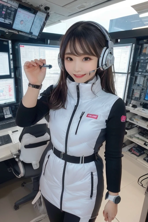 masterpiece, highest quality, Very detailed, 8K Portrait,Japanese Android Girl,plump , Control panel,Robotic arms and legs, Blunt bangs,,break (Metallic Gray, Metallic luster, Mirror finish, Astro Best):5,headphone:5,break (Black sleeves):100,Smart Watches,Futuristic space station,Control Room,break headphone,blue eyes,(Black Hair):2,(Long Hair):1.3,View the viewer,(respirator),break blush:3,Hidden Hand,smile