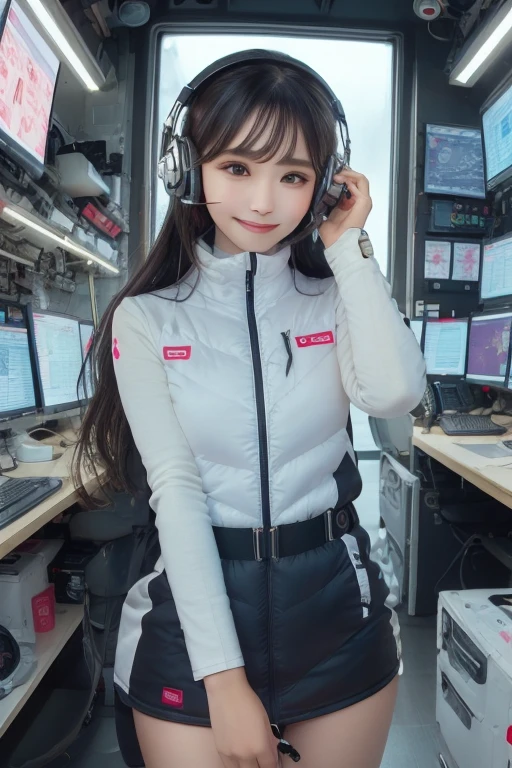 masterpiece, highest quality, Very detailed, 8K Portrait,Japanese Android Girl,plump , Control panel,Robotic arms and legs, Blunt bangs,,break (Metallic Gray, Metallic luster, Mirror finish, Astro Best):5,headphone:5,break (Black sleeves):100,Smart Watches,Futuristic space station,Control Room,break headphone,blue eyes,(Black Hair):2,(Long Hair):1.3,View the viewer,(respirator),break blush:3,Hidden Hand,smile