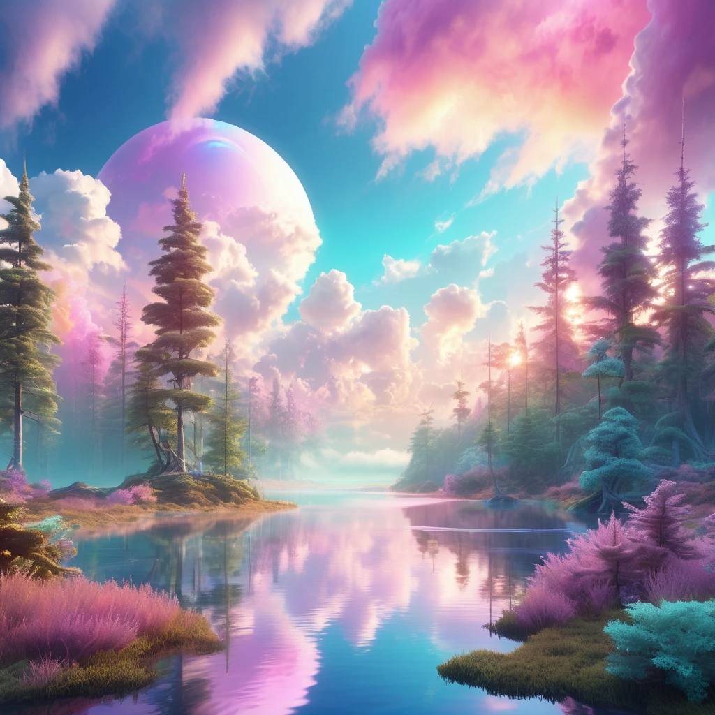 Futuristic fantasy forest environments with a sky of many pastel colors and hyper-realistic white clouds with lakes in a radiant sunrise, prismatic iridescent tones 