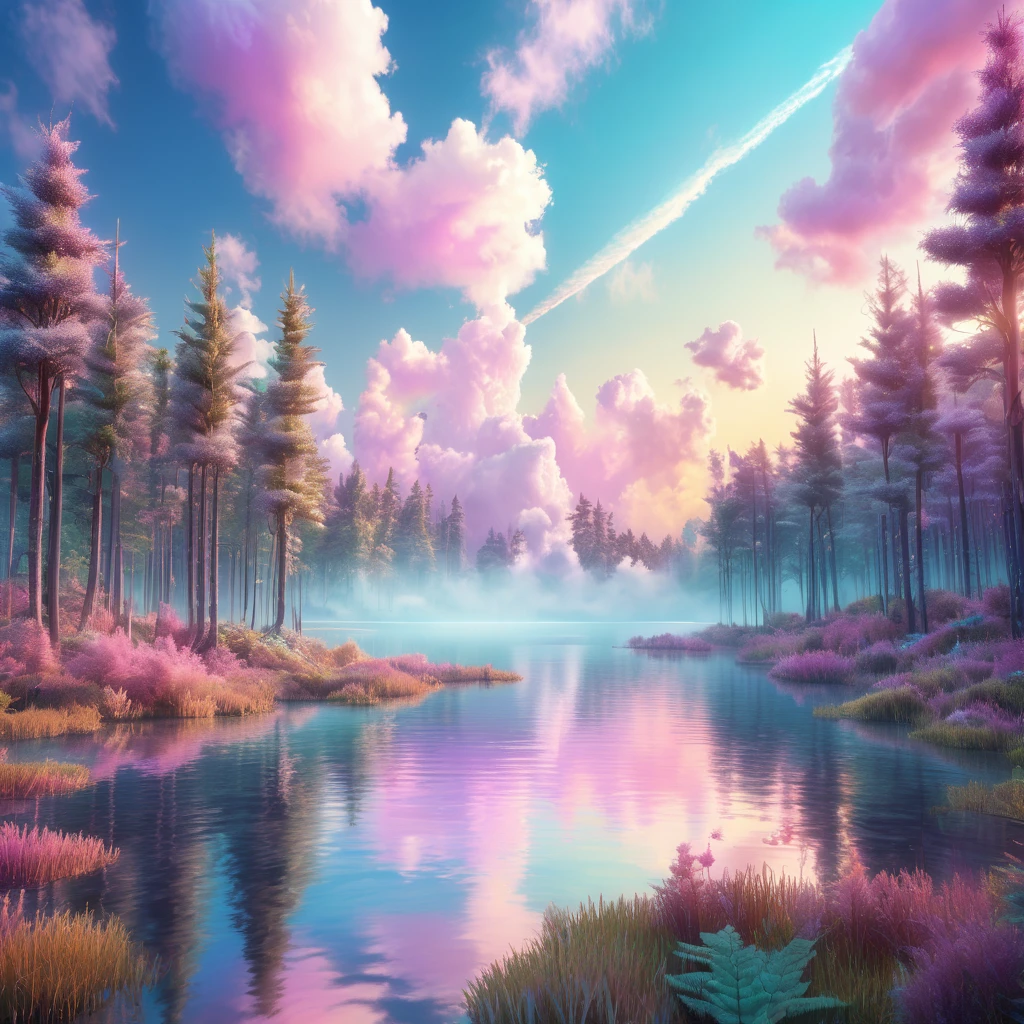 Futuristic fantasy forest environments with a sky of many pastel colors and hyper-realistic white clouds with lakes in a radiant sunrise, prismatic iridescent tones
