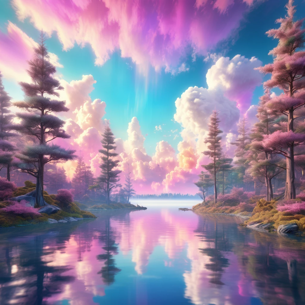 Futuristic fantasy forest environments with a sky of many pastel colors and hyper-realistic white clouds with lakes in a radiant sunrise, prismatic iridescent tones