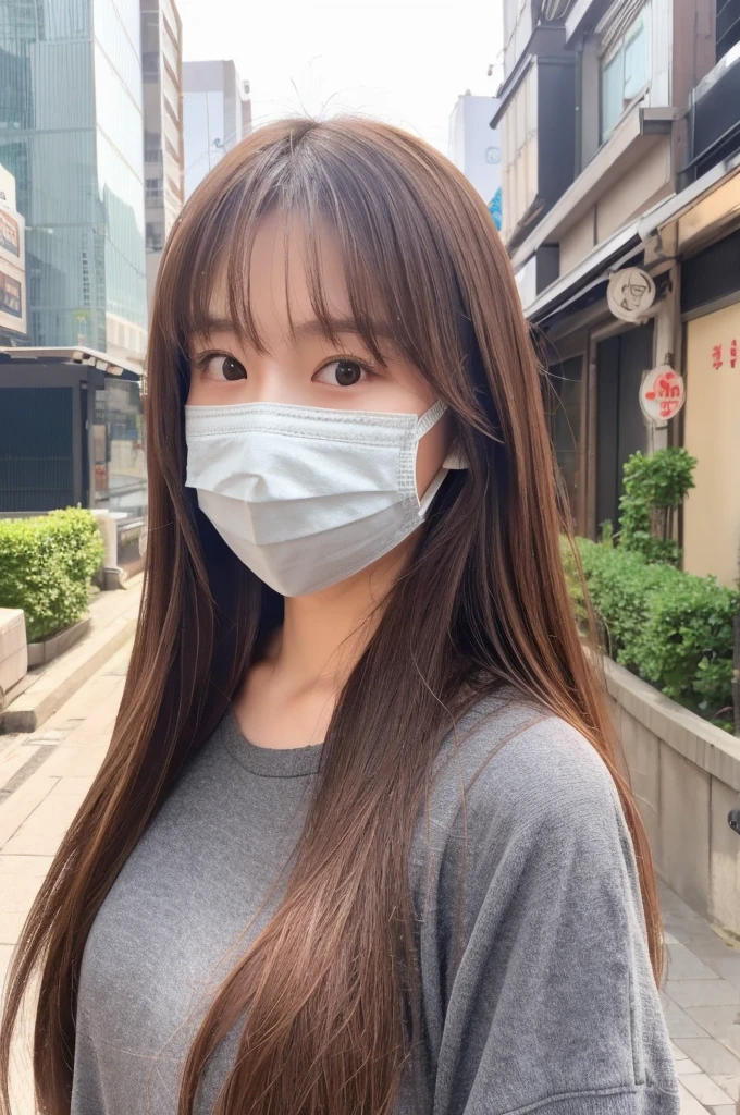 One girl, Japanese, cute sister, semi-long hair, brown hair color, wearing a mask, selfie, background is city , upper body only, face close, realistic girl, top quality image,