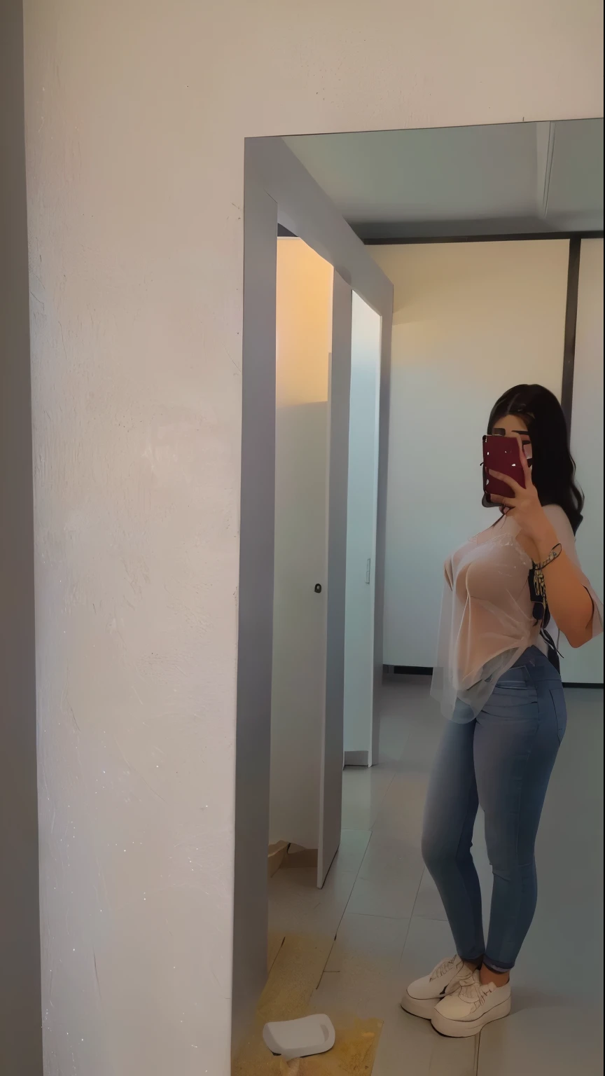 there is a woman taking a selfie in the bathroom mirror, parado na frente de um espelho, low quality video, vestindo uma camisa e um jeans, instagram story, selfie no espelho, filmagem de baixa qualidade, grosso, jeans e camiseta, her wardrobe is attractive, wearing pants, 🤠 usando um 🖥, parado no canto da sala, no banheiro, foto da roupa, she is wearing a transparent bra