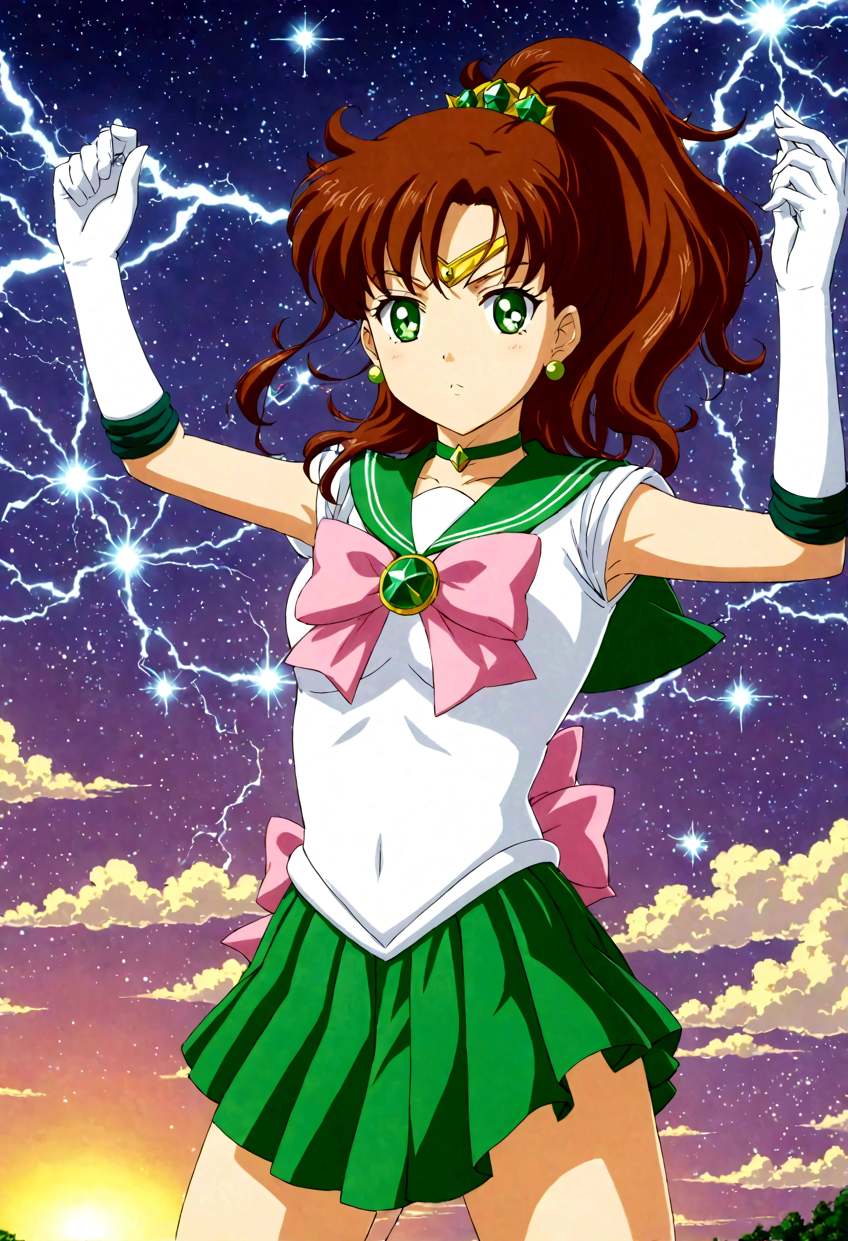 Sailor Jupiter bringing the thunder! masterpiece, best quality, 1girl, solo, looking at viewer, facing viewer, night, anime screencap,1990s \(style\), (art by Naoko Takeuchi), EPsmSailorJupiter, green eyes, brown hair, long hair, ponytail, hair ornament, hair bobbles, brooch, heart brooch, jewelry, tiara, choker, green choker, star choker, skirt, green skirt, pleated skirt, bow, back bow,  pink bow,  gloves, white gloves, elbow gloves, earrings, sailor collar, star (symbol), green sailor collar, sailor senshi uniform, determined face, hands in the air, standing ready to fight, lighting bolts shooting from her tiara