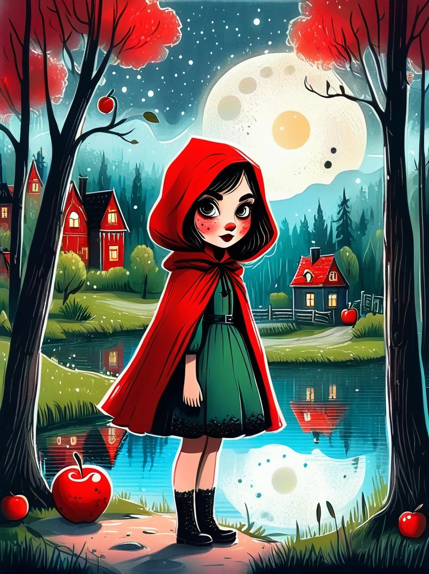 Cartoon hand drawn, 1girl, solo, Cute young charming little red riding hood girl,Strong Gothic makeup, A village by the lake with a birch forest and an apple orchard,Starry nights,Gloomy and foggy atmosphere,The cute absurdity、The attraction and rejection of extraordinary appearance,Magical naive art,Bright blue and green,The color palette is in red, orange and black tones and has a sketchy style, The background should have a simple hand-drawn doodle pattern, 1shxx1