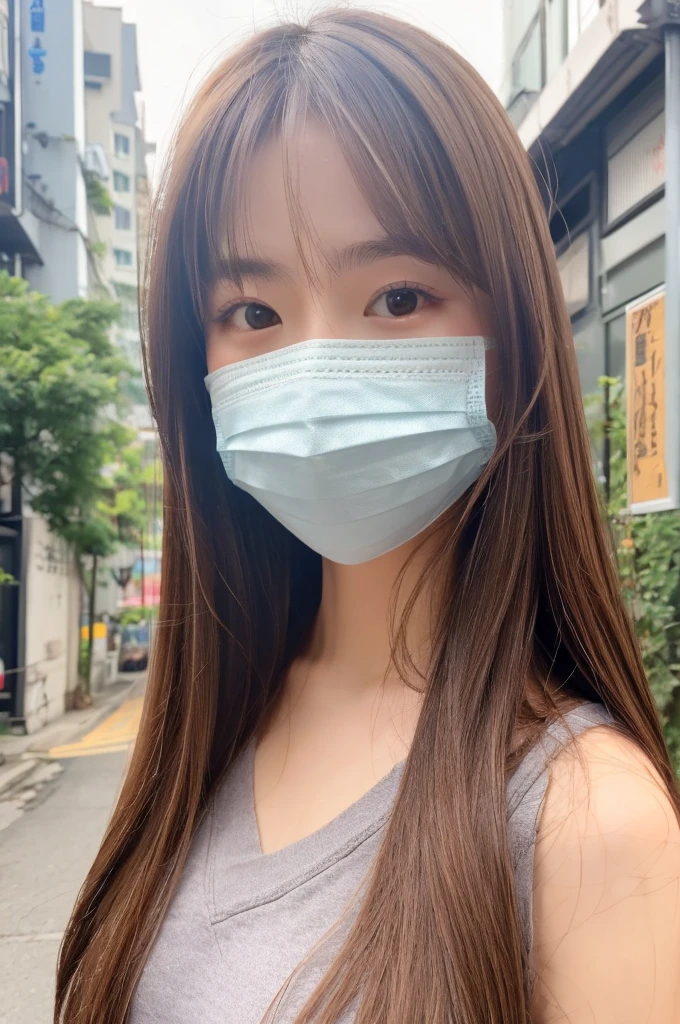 One girl, Japanese, cute sister, semi-long hair, brown hair color, wearing a mask, selfie, background is city , upper body only, face close, realistic girl, top quality image,