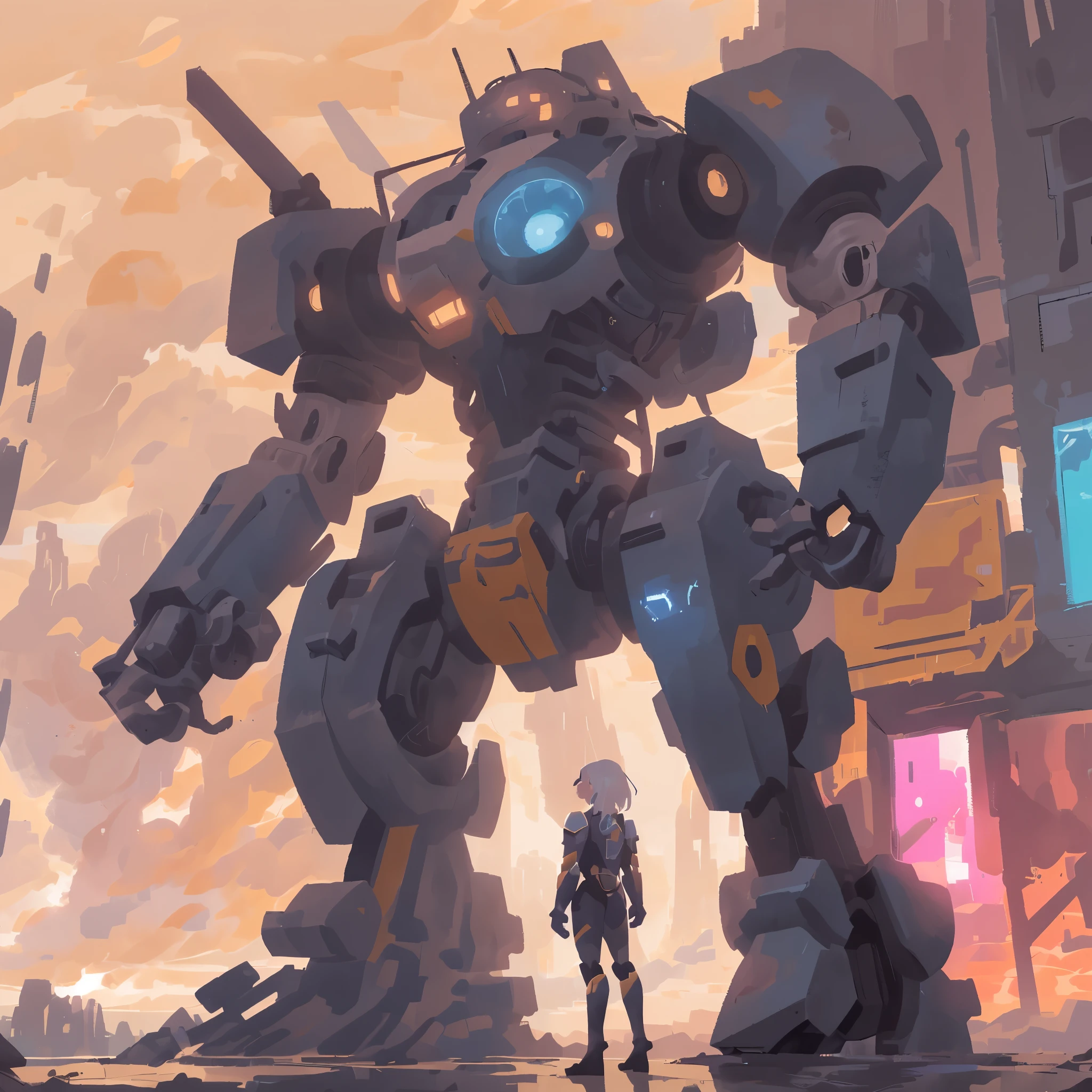 one white hair anime girl in heavy armor stand beside giant robot, guweiz，masterpiece, best quality, Heavy Armor, Futuristic, View from behind, Looking to the horizon, Blue sky, cloud, Desolate planet, Overgrown ruins 