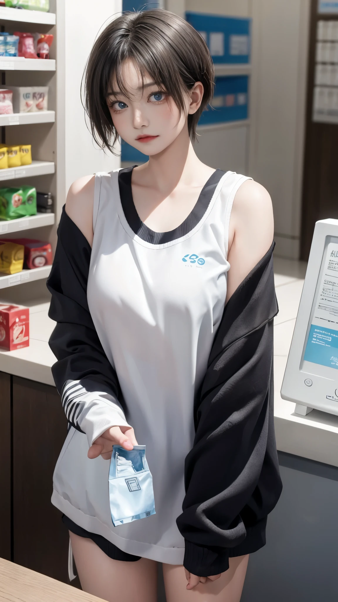 masterpiece、highest quality、be familiar with、1 female、18-year-old、blue eyes、blonde、black skin、(((oil skin))),shiny skin, short hair、Oversized big long T-shirt that reaches the thighs、No underwear、Shoulders are out、Seductive thighs、big breasts、big breasts、A woman went shopping、Angle from above、embarrassed face、from the front、upward glance、background bokeh、In front of the convenience store cashier counter、A girl who came to buy condoms、Place condoms and alcohol on the cashier counter、
