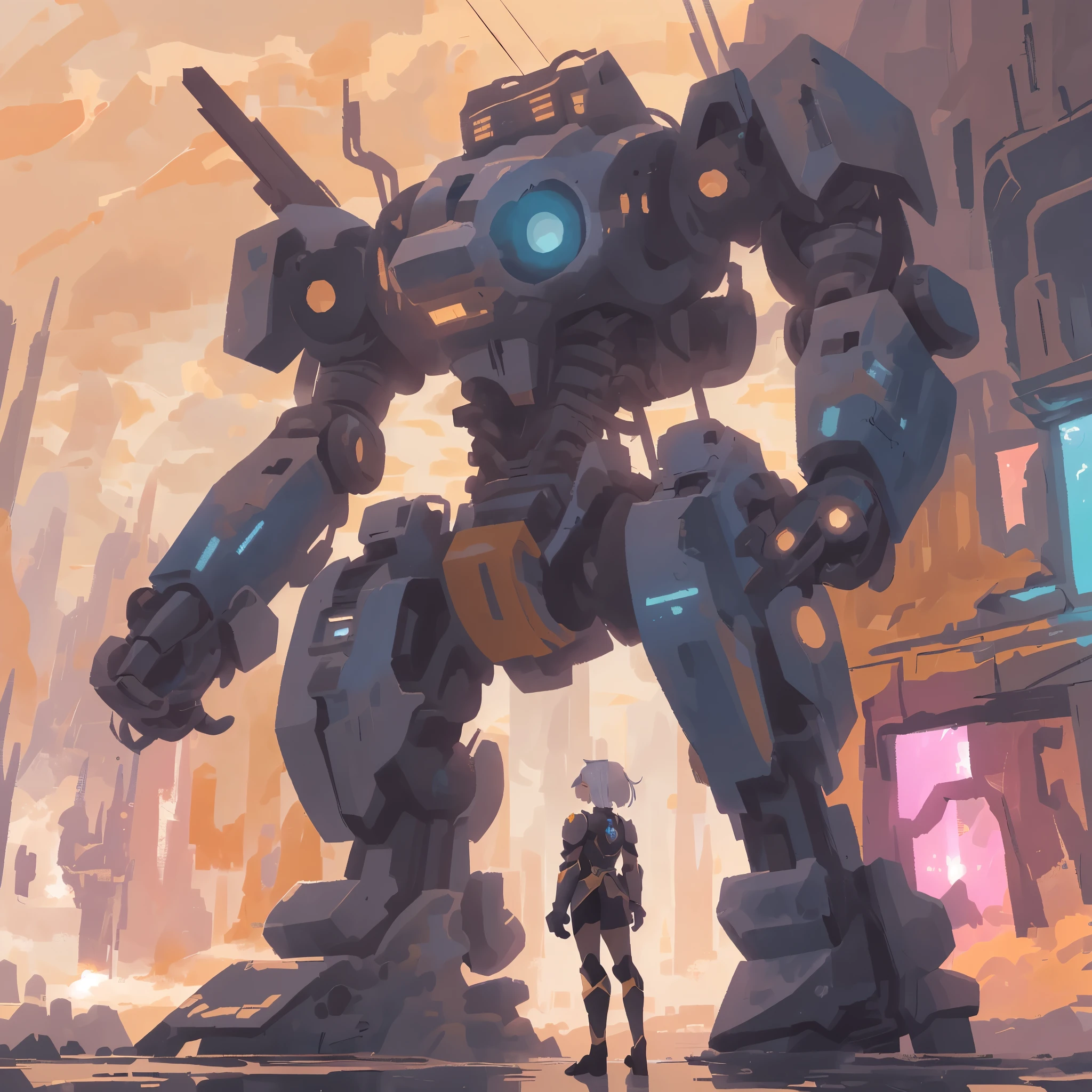 one white hair anime girl in heavy armor stand beside giant robot, guweiz，masterpiece, best quality, Heavy Armor, Futuristic, View from behind, Looking to the horizon, Blue sky, cloud, Desolate planet, Overgrown ruins 