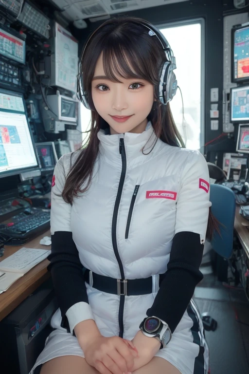 masterpiece, highest quality, Very detailed, 8K Portrait,Japanese Android Girl,plump , Control panel,Robotic arms and legs, Blunt bangs,,break (Metallic Gray, Metallic luster, Mirror finish, Astro Best):5,headphone:5,break (Black sleeves):100,Smart Watches,Futuristic space station,Control Room,break headphone,blue eyes,(Black Hair):2,(Long Hair):1.3,View the viewer,(respirator),break blush:3,Hidden Hand,smile