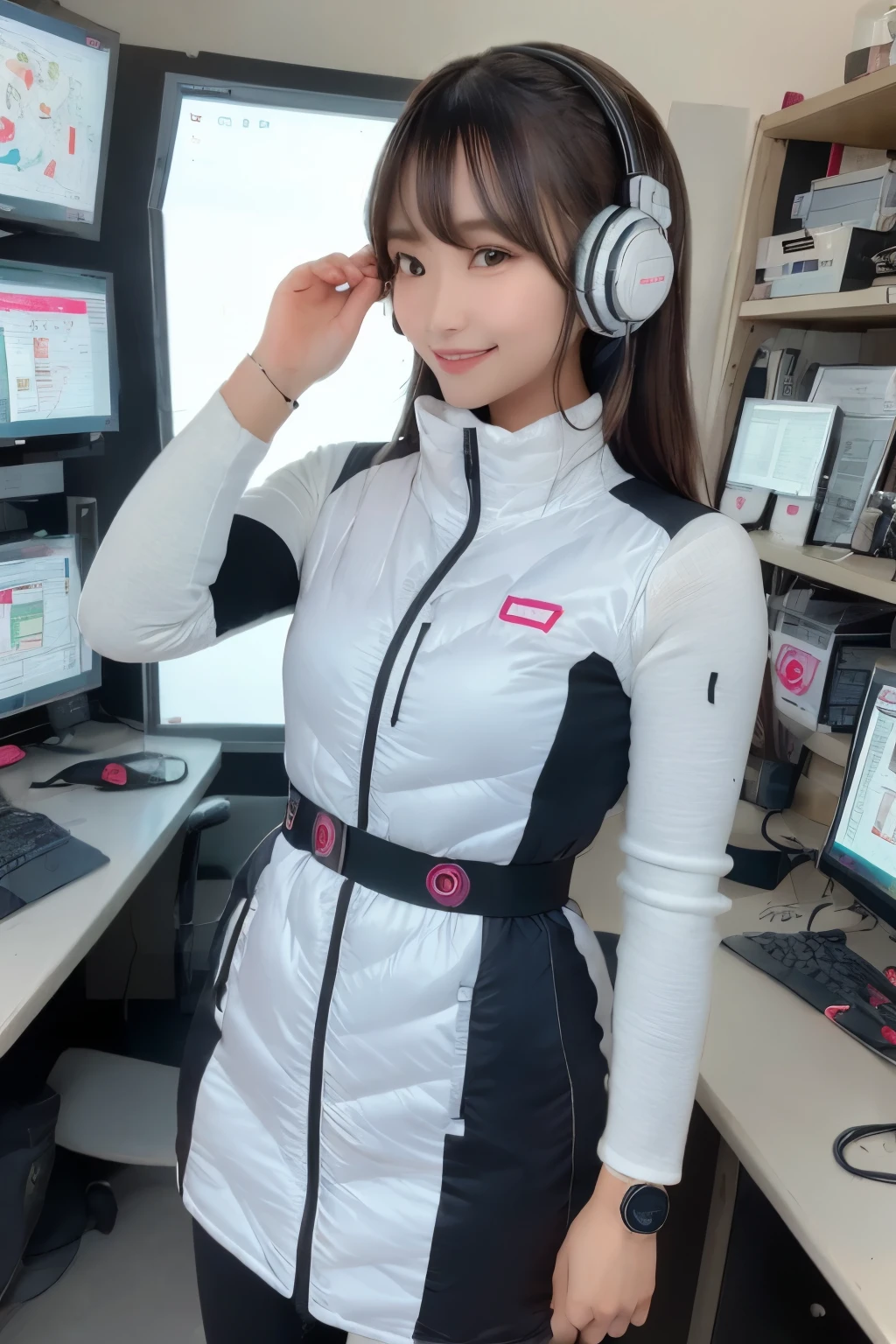 masterpiece, highest quality, Very detailed, 8K Portrait,Japanese Android Girl,plump , Control panel,Robotic arms and legs, Blunt bangs,,break (Metallic Gray, Metallic luster, Mirror finish, Astro Best):5,headphone:5,break (Black sleeves):100,Smart Watches,Futuristic space station,Control Room,break headphone,blue eyes,(Black Hair):2,(Long Hair):1.3,View the viewer,(respirator),break blush:3,Hidden Hand,smile