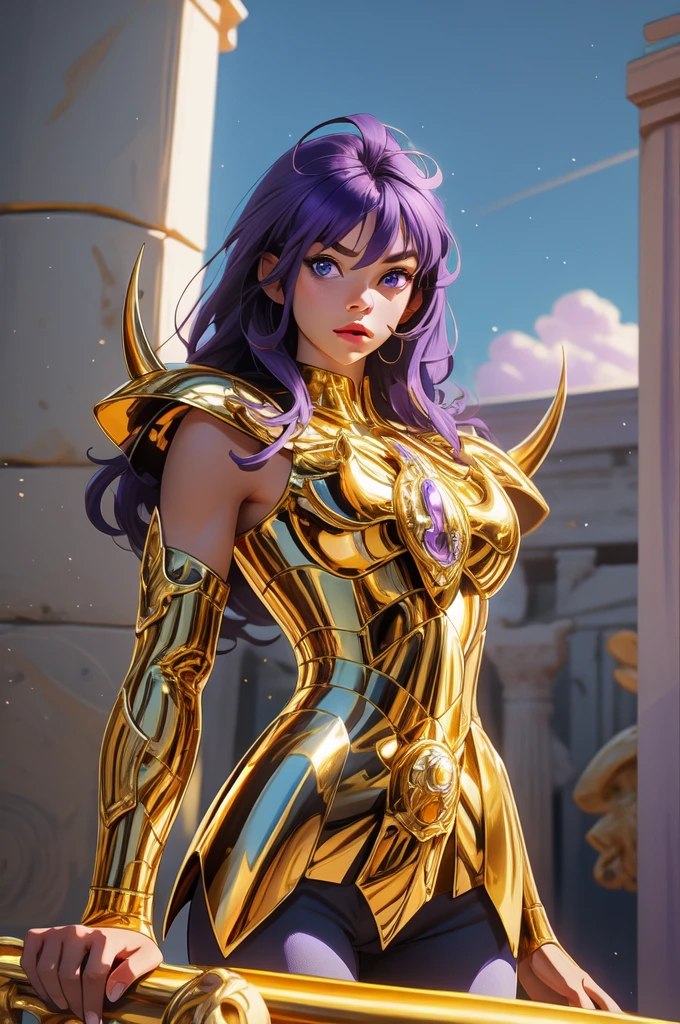 perfect eyes:1.2, detailed eyes:1.4, gold armor, armor, (purple hair:1.6), helmet, breasts, shoulder armor, medium hair, blue eyes, ScorpioArmor, Golden Armor, shoulder_armor decoration, forehead protector, forehead armor, forehead jewel, greek ruins background, golden shinning armor, cowboy shot, 1girl, solo, (masterpiece:1.6, best quality), 8k, insane details, intricate details, hyperdetailed, hyper quality, high detail, ultra detailed, professional, HDR, ray tracing reflection, cinematic lighting
