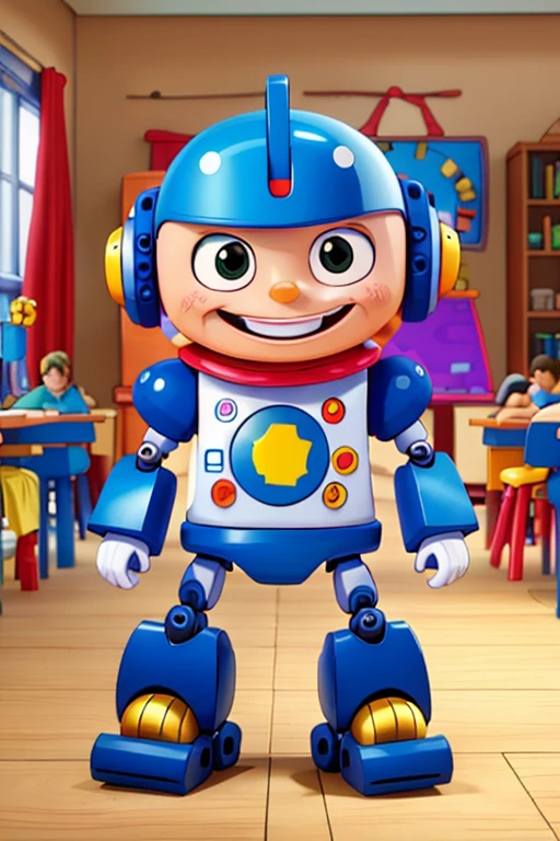 Create an image of a happy  playing with a colorful robot in an educational environment