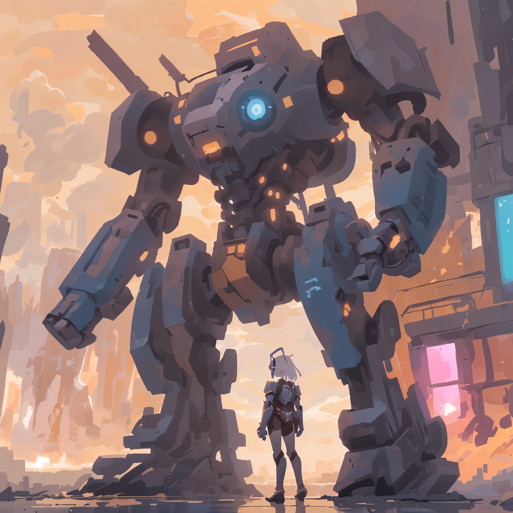 one white hair anime girl in heavy armor stand beside giant robot, guweiz,masterpiece, best quality, Heavy Armor, Futuristic, View from behind, Looking to the horizon, Blue sky, cloud, Desolate planet, Overgrown ruins