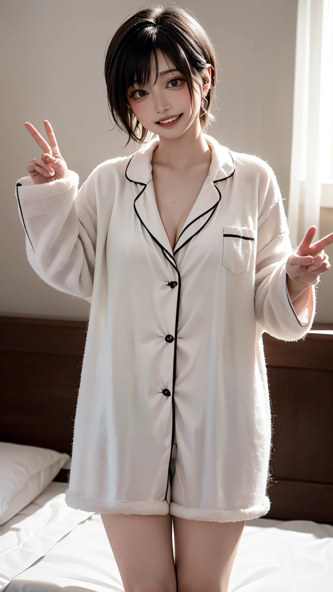 1 girl、alone、masterpiece,highest quality,High resolution,Very detailed, Earrings,Big cleavage、,
Cute pose、(((Grin))), (Cute little devil smile:1.2),
Blonde pixie short hair、
(((Accurate 5-finger)))、Accurate human body、The perfect human body、((Captivating smile ))、
(((super over size pajamas All of these pajamas are made from fluffy nylon wool fleece material.:1.8, zetai ryoiki, Mini shorts:1.3, Thick white horizontal stripes))),
(Love hotel bedroom:1.5), Dark Room、indoor、Detailed Background、