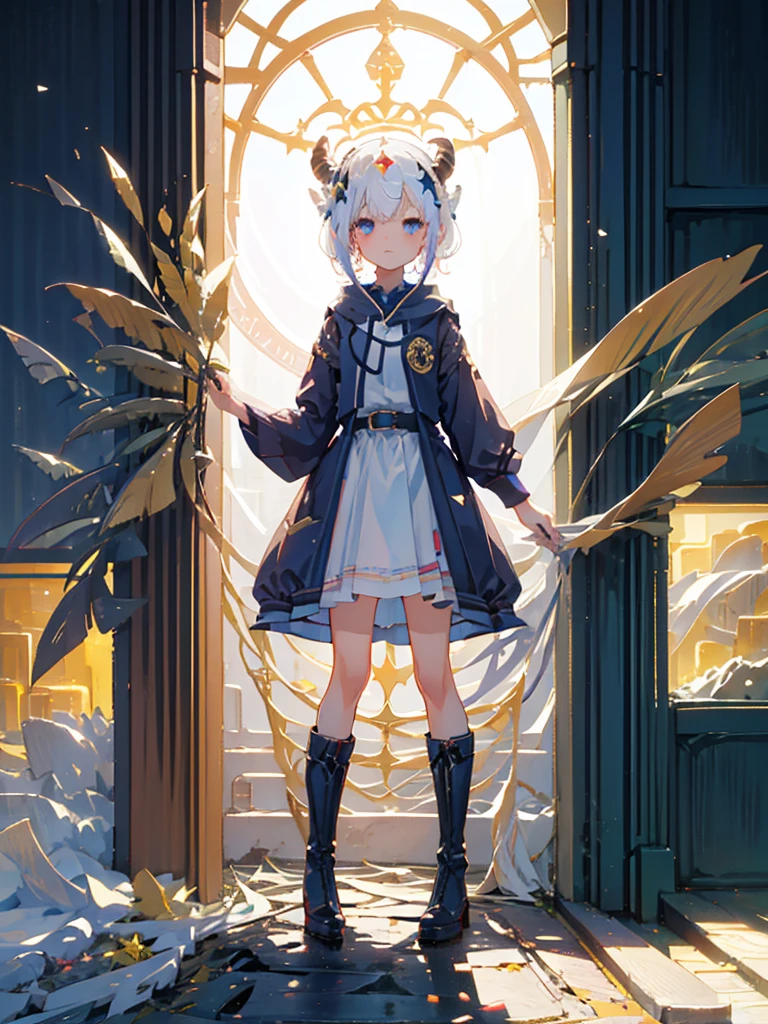 (((1girl)))、Star Fairy、vtuber-halfbody、(((highest quality、Masterpiece、The best composition、Golden Ratio、Official Art、Super detailed、Super detailedな目)))、ultra detailed, from front, headshot、 blue and white hair color、Short bangs above eyebrows、Short Hair、Standing in front of the viewer、Duffle coat、Sheepskin Long Boots、Pure white simple background、
