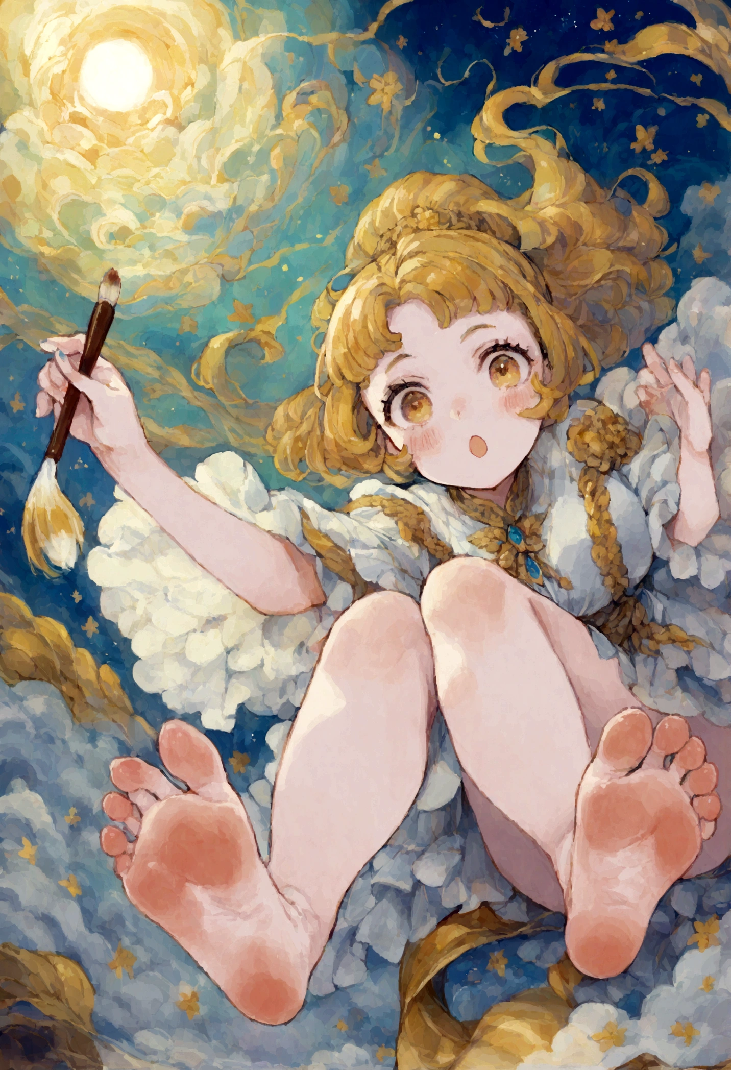 1girl、Acanthus mollis、「art」「Skill」、Painting on a canvas、Acanthus、Soles、He is holding a paintbrush in his right hand、tegaki