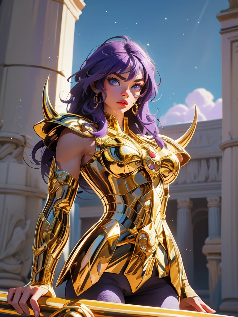 perfect eyes:1.2, detailed eyes:1.4, gold armor, armor, (purple hair:1.6), helmet, breasts, shoulder armor, medium hair, blue eyes, ScorpioArmor, Golden Armor, shoulder_armor decoration, forehead protector, forehead armor, forehead jewel, greek ruins background, golden shinning armor, cowboy shot, 1girl, solo, (masterpiece:1.6, best quality), 8k, insane details, intricate details, hyperdetailed, hyper quality, high detail, ultra detailed, professional, HDR, ray tracing reflection, cinematic lighting