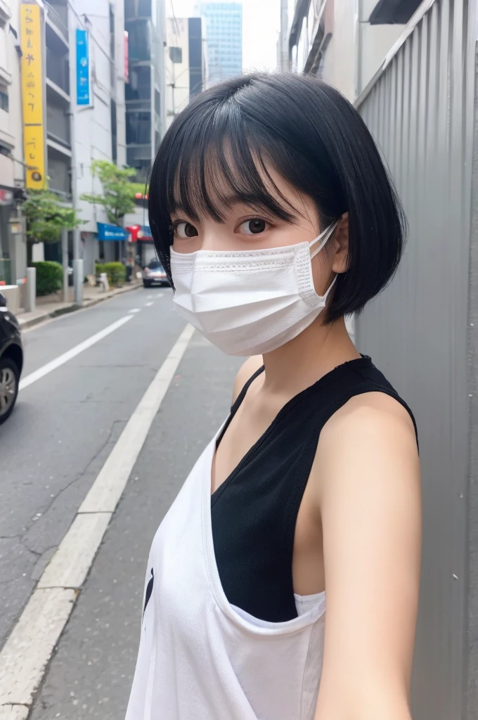 One girl, Japanese, cute sister, black hair color , short hair, wearing a white mask, selfie, background is city , upper body only, face close, realistic girl, top quality image,