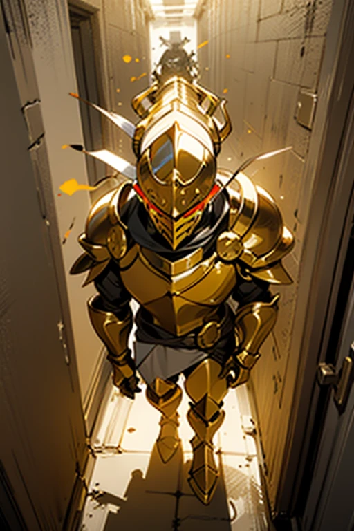 make a golden knight with a death mask, he is in a corridor full of torches illuminating the place ((taking the whole body))