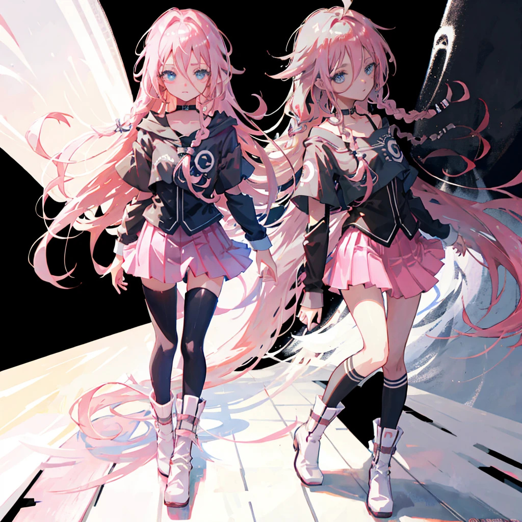 A girl with pink hair and black boots stands in front of a white background。, anime goddess, pink twintail hair and cyan eyes, humanoid pink female squid girl, Madoka Kaname, anime moe art style, best anime character design, anime monster girl, High quality anime art style, Anime girl named Lucy, art of kirokaze pixel