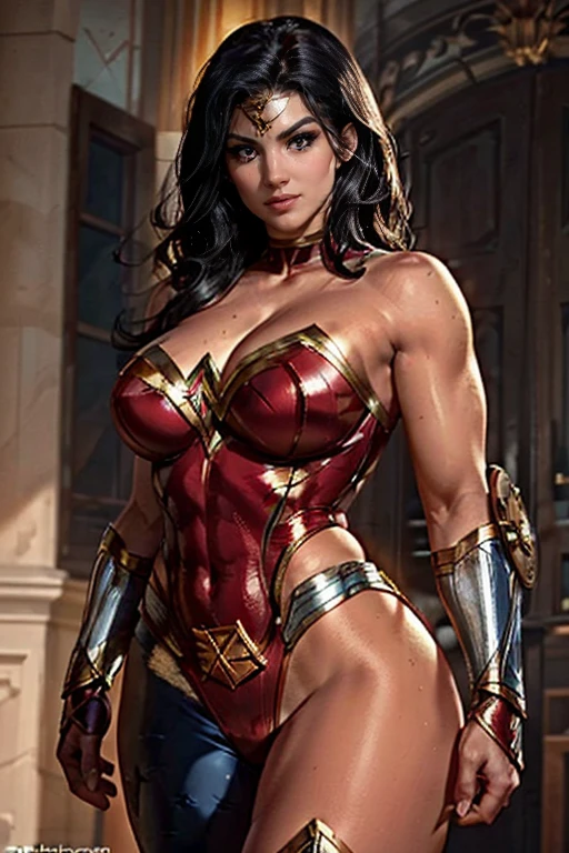 Natural Beauty,(Masterpiece),(Gina Carano),(Accurate Face Proportion),(Wonder Woman Tiara),(Low-cut Top)(Classic Wonder Outfit(red, blue, golden and silver)), Vibrant colour tone,(Full Body View Visible),(Athletic Physique),(Wide Hips),(Toned Arms and Legs), Regal Posture with Focus on Buttocks: Standing elegantly with one foot slightly in front of the other, the tight suit clings to Wonder Woman’s body, highlighting the curves of her hips and the shape of her buttocks. The suit's fit emphasizes her graceful yet powerful form, with the smooth lines accentuating her posture.