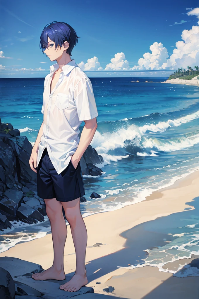 dark blue and golden hair Short Hair Indigo eyes Handsome male cool tall White shirt blue sea White sand beach Light of the sun