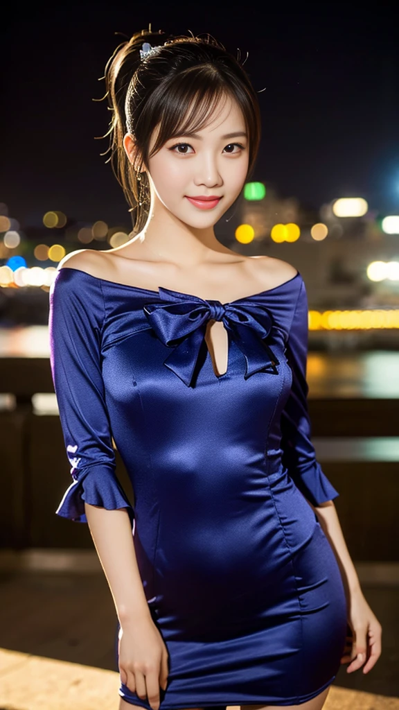 a gorgeous lady in a Bow Front Flounce Sleeve 2-in-1 Dress, standing under night sky, dimpled smile, short ponytail, ample round bossom, natural pose, photorealistic, beautiful detailed eyes, hyper-realism, high contrast, ultra HD, realistic skin textures, top image quality, top-quality, super high resolution, fine details, very meticulously, bokeh background