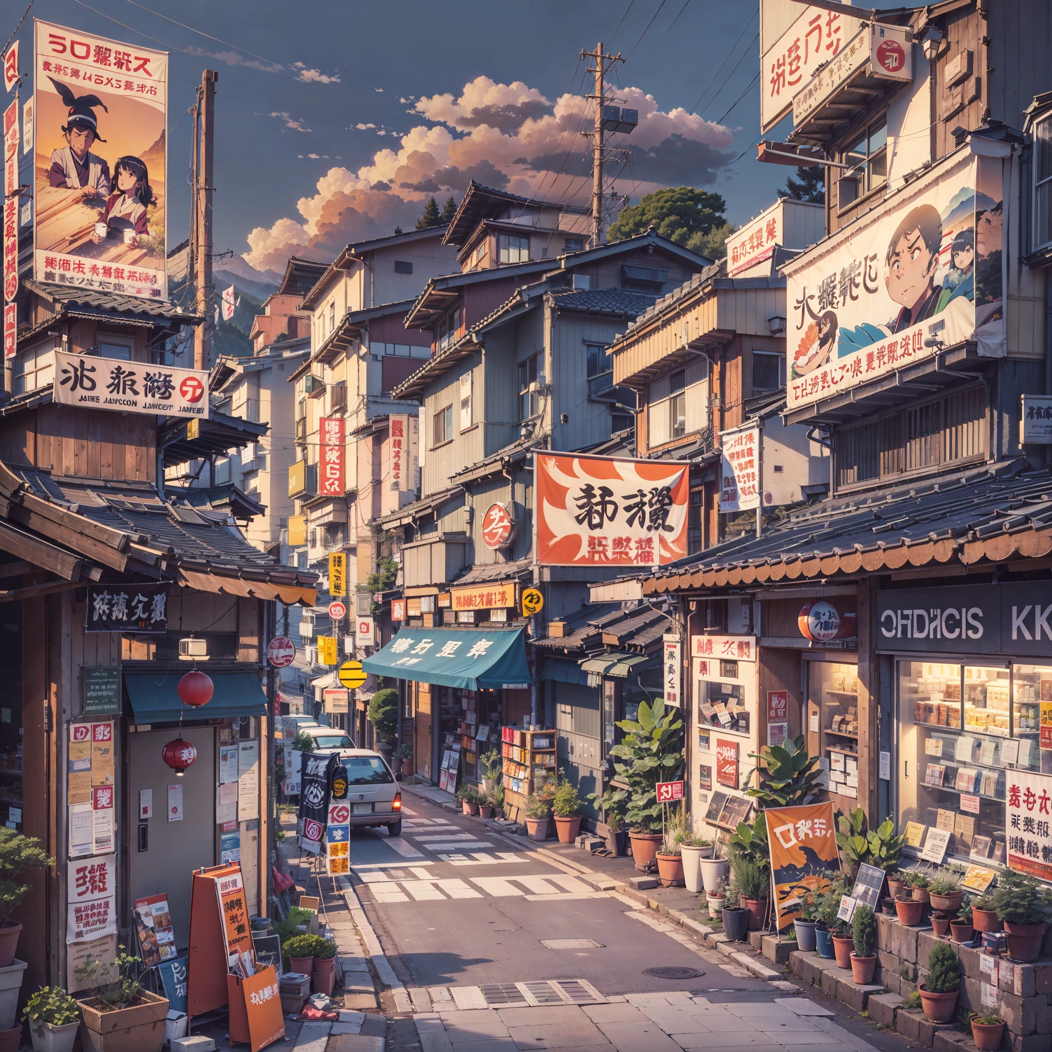 anime background, anime wallpaper, anime, anime style, lofi, lofi style, modern japanese street, mountains, uphill, modern japanese architecture, japanese convenience store, big retro japanese shop signs, retro japanese store, trees, plants, rocks, plant pots, shop signs, japanese banners, japanese signs, flags, empty street, no one in sight, (no one: 1), best quality, wide view, street going uphill, buildings tight together, night time, night
