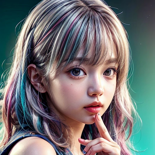 (highest quality,Super detailed,Physically Based Rendering:1.2), (RAW, Realistic, Photorealistic:1.37), (Acutance:0.85),Portraiture,Beautiful young woman with Delicate facial features,Soft lighting, ((Playfully licking finger with tongue, Gently placing a finger in the mouth)), (Close-up shot of sensual lips),Cheeks turn slightly red,A gentle and captivating gaze, cute Like finger . Studio gray background, Light Particles, many blurred colorful Lights (dazzling bokeH) . BREAK . (((NOGIZAKA face variations))) Extremely Detailed very KAWAII face variations, elaborate detailed Eyes with (sparkling highlights:1.2), (Voluminous long eyelashes:0.9)、Glossy RED Lips with beautiful details, Coquettish tongue, Rosy cheeks, Radiant PearlSkin with clear transparency, (Natural:0.7) Detailed FlawlessSkin with glowing DowneyHair . { (Dynamic LifeLike expressions:1.4) | :d) }, (large eyes:-1) . mouth_hold, { PureWhite Hair | Pink Hair | Blue Hair | Red Hair }, ((monotone hair color)) ,