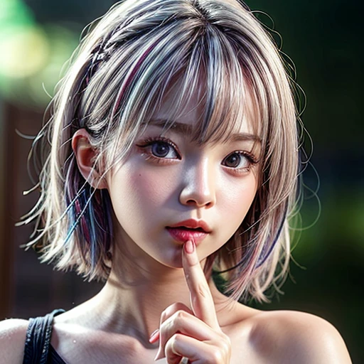 (highest quality,Super detailed,Physically Based Rendering:1.2), (RAW, Realistic, Photorealistic:1.37), (Acutance:0.85),Portraiture,Beautiful young woman with Delicate facial features,Soft lighting, ((Playfully licking finger with tongue, Gently placing a finger in the mouth)), (Close-up shot of sensual lips),Cheeks turn slightly red,A gentle and captivating gaze, cute Like finger . Studio gray background, Light Particles, many blurred colorful Lights (dazzling bokeH) . BREAK . (((NOGIZAKA face variations))) Extremely Detailed very KAWAII face variations, elaborate detailed Eyes with (sparkling highlights:1.2), (Voluminous long eyelashes:0.9)、Glossy RED Lips with beautiful details, Coquettish tongue, Rosy cheeks, Radiant PearlSkin with clear transparency, (Natural:0.7) Detailed FlawlessSkin with glowing DowneyHair . { (Dynamic LifeLike expressions:1.4) | :d) }, (large eyes:-1) . mouth_hold, { PureWhite Hair | Pink Hair | Blue Hair | Red Hair }, ((monotone hair color)) ,