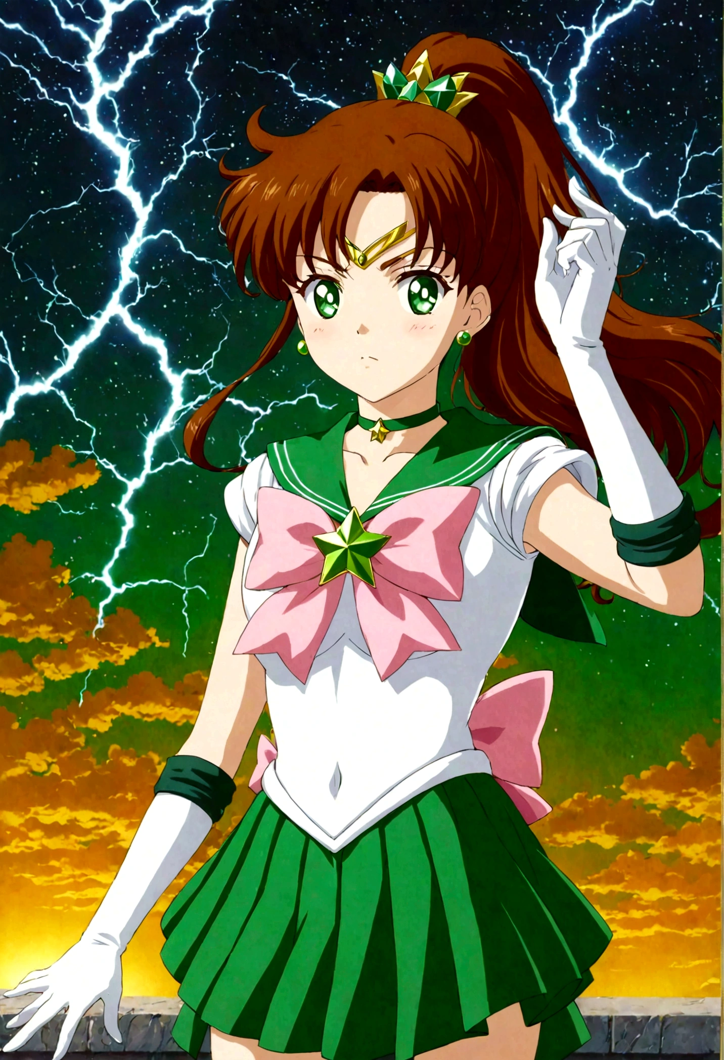 Sailor Jupiter bringing the thunder! masterpiece, best quality, 1girl, solo, looking at viewer, facing viewer, night, anime screencap,1990s \(style\), (art by Naoko Takeuchi), EPsmSailorJupiter, green eyes, brown hair, long hair, ponytail, hair ornament, hair bobbles, brooch, heart brooch, jewelry, tiara, choker, green choker, star choker, skirt, green skirt, pleated skirt, bow, back bow,  pink bow,  gloves, white gloves, elbow gloves, earrings, sailor collar, star (symbol), green sailor collar, sailor senshi uniform, cleavage, determined face, hands in the air, standing ready to fight, lighting bolts shooting from her tiara