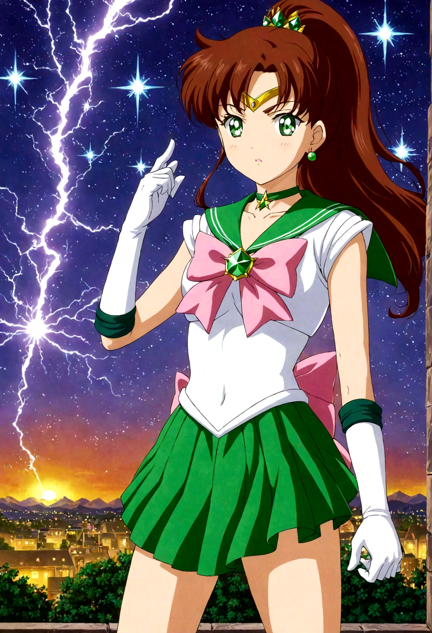 Sailor Jupiter bringing the thunder! masterpiece, best quality, 1girl, solo, looking at viewer, facing viewer, night, anime screencap,1990s \(style\), (art by Naoko Takeuchi), EPsmSailorJupiter, green eyes, brown hair, long hair, ponytail, hair ornament, hair bobbles, brooch, heart brooch, jewelry, tiara, choker, green choker, star choker, skirt, green skirt, pleated skirt, bow, back bow,  pink bow,  gloves, white gloves, elbow gloves, earrings, sailor collar, star (symbol), green sailor collar, sailor senshi uniform, cleavage, determined face, hands in the air, standing ready to fight, lighting bolts shooting from her tiara