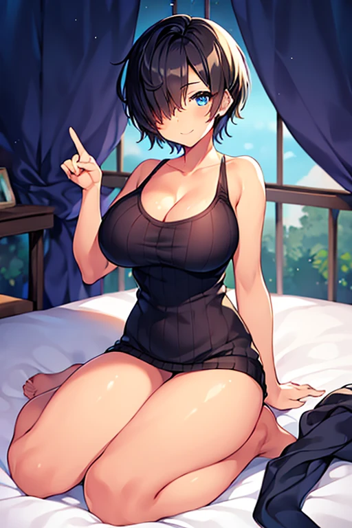 1girl, tan, tan skin, tan-skinned female, black hair, very short hair, pixie cut, tomboy, one eye covered, hair over one eye, ((hair over one eye)), blue eyes, blue eye, smile, light smile, huge breasts, cleavage, thick thighs, black weater, sweater, sitting, bed, peace sign, full body, ((full_body))