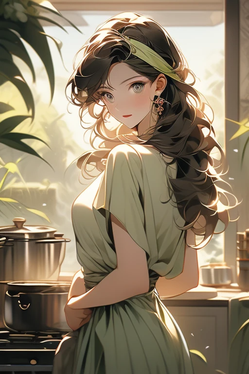 (small breasts:1.3), (perky chest:1.1), (pointed chest:1.0), (fashion magazine cover:1.3),(from below:1.0),(from side:0.9),masterpiece, 1girl, Amazing Cleavage:1.1, thin waist, big ass, Raised sexy, small breast: 1.3, posed cleavage:1.2、solo, looking at viewer, open mouth, have a cute grass of cute beergrass,black hair, dark green eyes, dress, bare shoulders, jewelry, collarbone, sidelocks, hairband, earrings, indoors, off shoulder, :o, sweater, arms behind back, plant, short hair with long locks, gild hairband, off-shoulder dress, sweater dress, off-shoulder sweater, red sweater, dark gord hair, big side hair, very long side hair,is rendered in (masterpiece: 1.2, best quality), with (ultra high resolution) and an exquisite (depth of field). This masterpiece is not only visually stunning but also tells,A scene of cooking in the kitchen by classroom