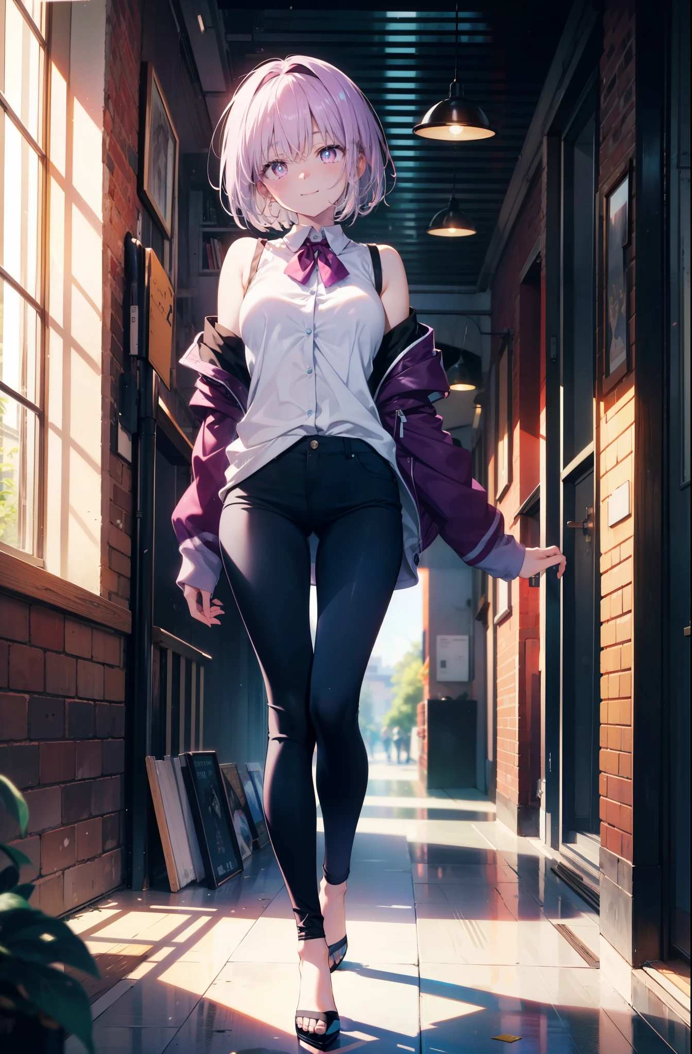 akaneshinjou, shinjou akane, Light purple hair, (Pink Eyes:1.2), short hair,hair band,Cold shoulder tops,skinny pants,Stiletto heels,walking,morning,morning陽,The sun is rising,whole bodyがイラストに入るように,happy smile, smile, Close your mouth,
 break looking at viewer,whole body,               　　　　　　　 break outdoors ,Residential Street, 　　　　　　　　　　　break (masterpiece:1.2), highest quality, High resolution, unity 8k wallpaper, (shape:0.8), (Beautiful and beautiful eyes:1.6), Highly detailed face, Perfect lighting, Extremely detailed CG, (Perfect hands, Perfect Anatomy),