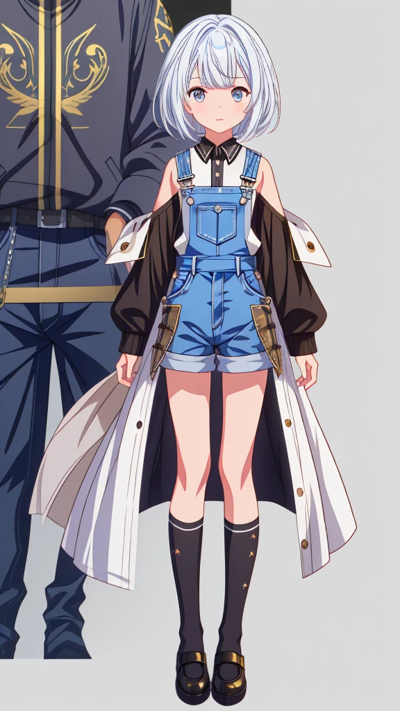 1girl,high-quality anime,highest quality、Masterpiece、Official Art、The best composition、Golden Ratio、Super detailed、ultra detailed, blue and white hair color、Short bangs above eyebrows、Short Hair、Standing in front of the viewer、Pure white simple background、Denim overalls、vtuber-fullbody,,Tattered black trench coat,Black knee-high socks