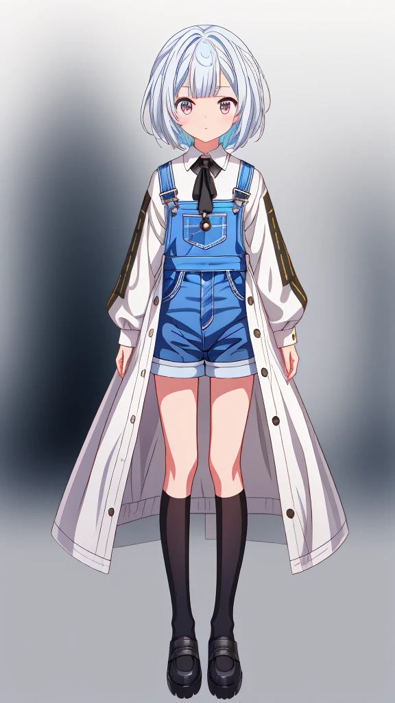1girl,high-quality anime,highest quality、Masterpiece、Official Art、The best composition、Golden Ratio、Super detailed、ultra detailed, blue and white hair color、Short bangs above eyebrows、Short Hair、Standing in front of the viewer、Pure white simple background、Denim overalls、vtuber-fullbody,,Tattered black trench coat,Black knee-high socks