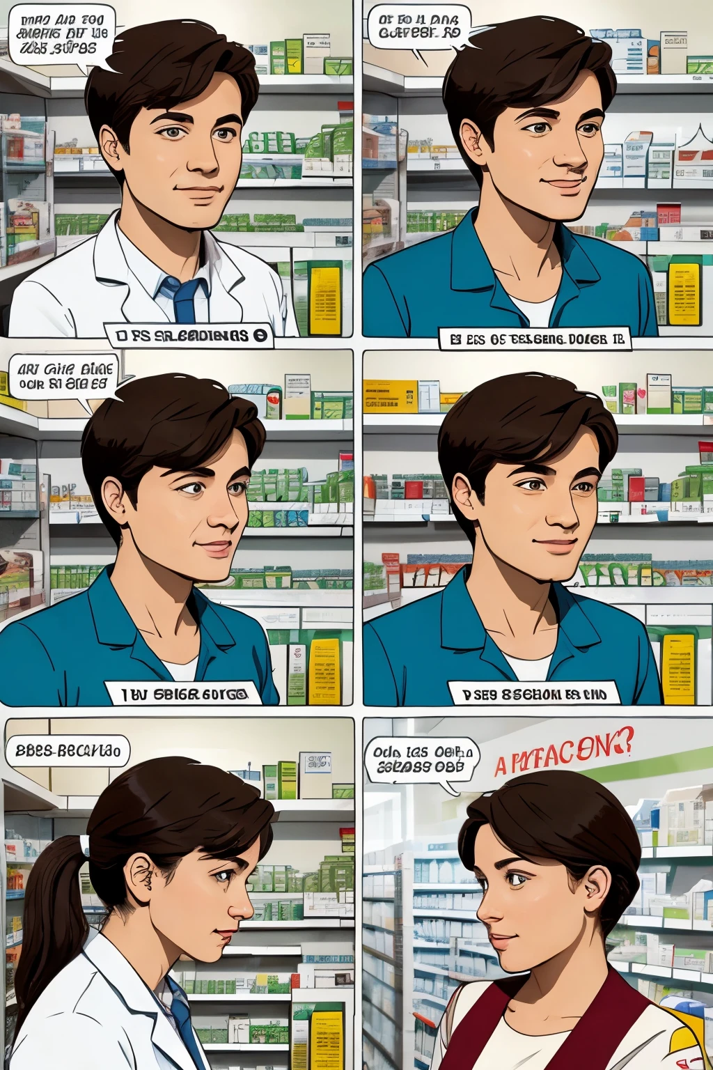 a 10-panel comic about a person who goes to a pharmacy to buy medicine