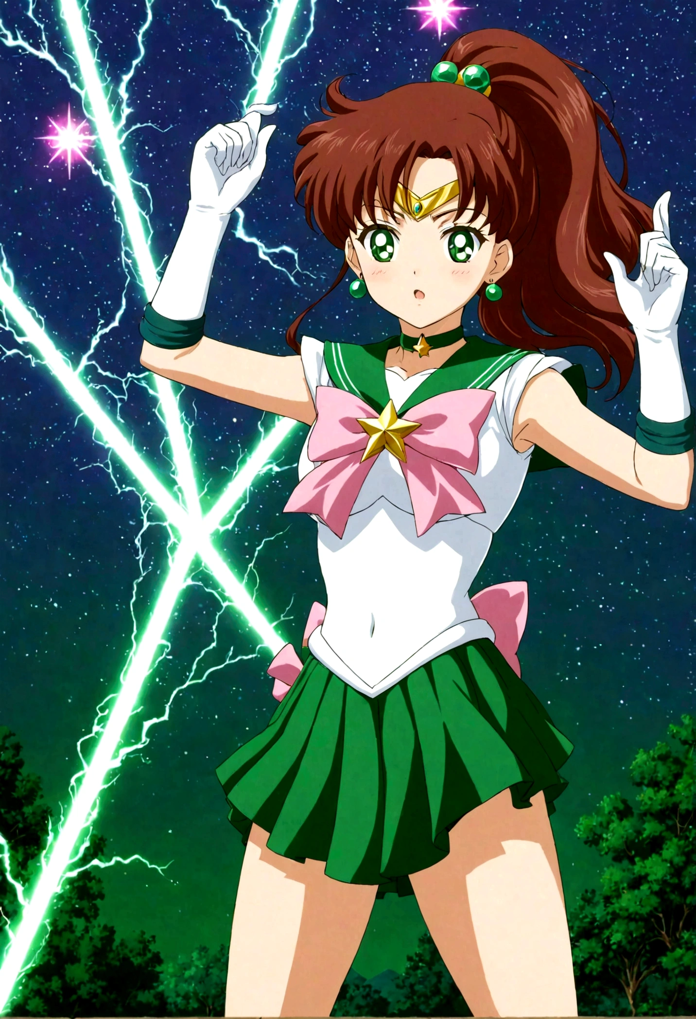 Sailor Jupiter bringing the thunder! masterpiece, best quality, 1girl, solo, looking at viewer, facing viewer, night, anime screencap,1990s \(style\), (art by Naoko Takeuchi), EPsmSailorJupiter, green eyes, brown hair, long hair, ponytail, hair ornament, hair bobbles, brooch, heart brooch, jewelry, tiara, choker, green choker, star choker, skirt, green skirt, pleated skirt, bow, back bow,  pink bow,  gloves, white gloves, elbow gloves, earrings, sailor collar, star (symbol), green sailor collar, sailor senshi uniform, cleavage, determined face, arms crossed in the air, standing ready to fight, lighting bolts shooting from her tiara