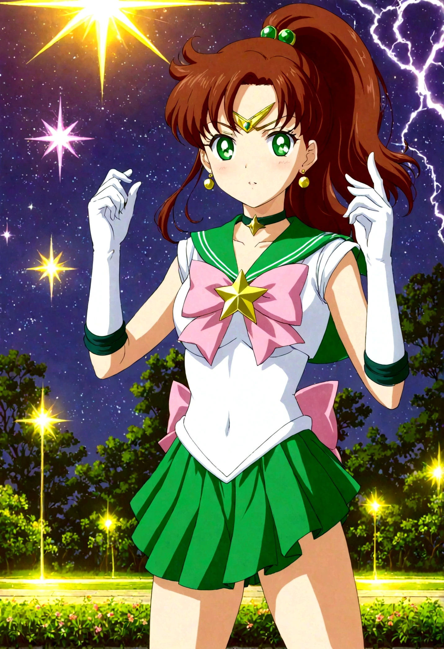 Sailor Jupiter bringing the thunder! masterpiece, best quality, 1girl, solo, looking at viewer, facing viewer, night, anime screencap,1990s \(style\), (art by Naoko Takeuchi), EPsmSailorJupiter, green eyes, brown hair, long hair, ponytail, hair ornament, hair bobbles, brooch, heart brooch, jewelry, tiara, choker, green choker, star choker, skirt, green skirt, pleated skirt, bow, back bow,  pink bow,  gloves, white gloves, elbow gloves, earrings, sailor collar, star (symbol), green sailor collar, sailor senshi uniform, cleavage, determined face, arms crossed in the air, standing ready to fight, lighting bolts shooting from her tiara