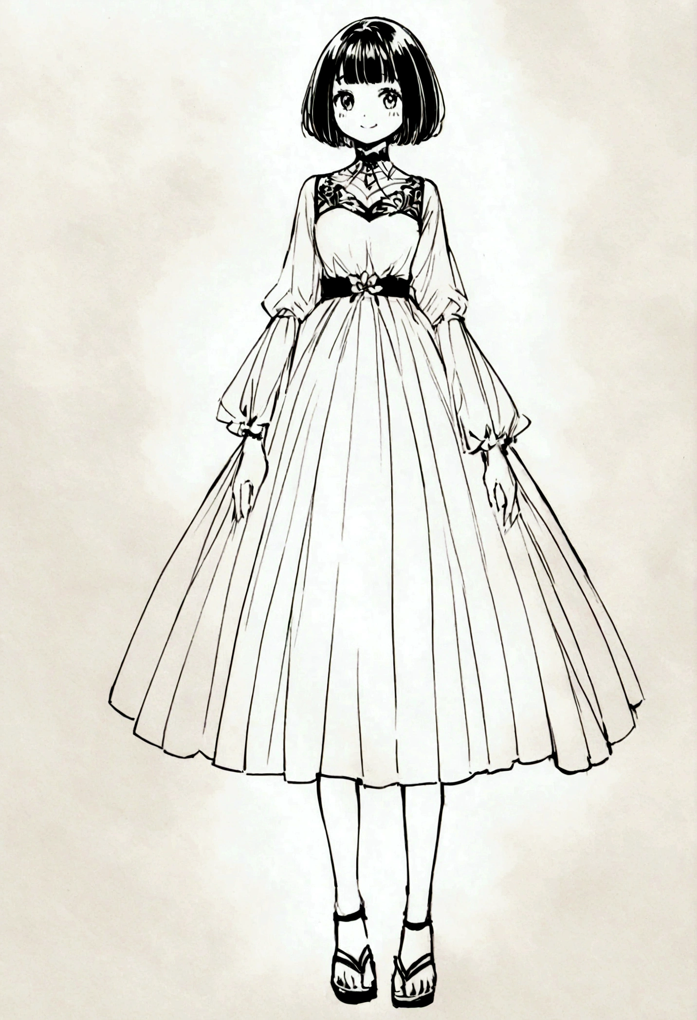 Hair: Shoulder-length bob cut with bangs slightly over the eyes. Her hair is brown.
Facial features: Large eyes and rounded cheeks. Her mouth is soft and her smile is attractive.
Body Type: Slim, with soft lines.
Clothing: She prefers elegant styles and often wears dresses and skirts.
full body standing, Japanese Manga, monochrome, handwritten style