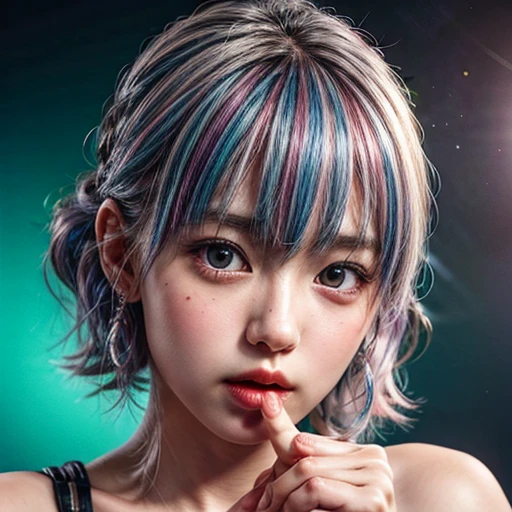 (highest quality,Super detailed,Physically Based Rendering:1.2), (RAW, Realistic, Photorealistic:1.37), (Acutance:0.85),Portraiture,Beautiful young woman with Delicate facial features,Soft lighting, ((Playfully licking finger with tongue, Gently placing a finger in the mouth)), (Close-up shot of sensual lips),Cheeks turn slightly red,A gentle and captivating gaze, cute BabyLike finger . Studio gray background, Light Particles, many blurred colorful Lights (dazzling bokeH) . BREAK . (((NOGIZAKA face variations)))  Extremely Detailed very KAWAII face variations, elaborate detailed Eyes with (sparkling highlights:1.2), (Voluminous long eyelashes:0.9)、Glossy RED Lips with beautiful details, Coquettish tongue, Rosy cheeks, Radiant PearlSkin with clear transparency, (Natural:0.7) Detailed FlawlessSkin with glowing DowneyHair . { (Dynamic LifeLike expressions:1.4) | :d) }, (large eyes:-1) . mouth_hold, { PureWhite Hair | Pink Hair | Blue Hair | Red Hair }, ((monotone hair color)) , 